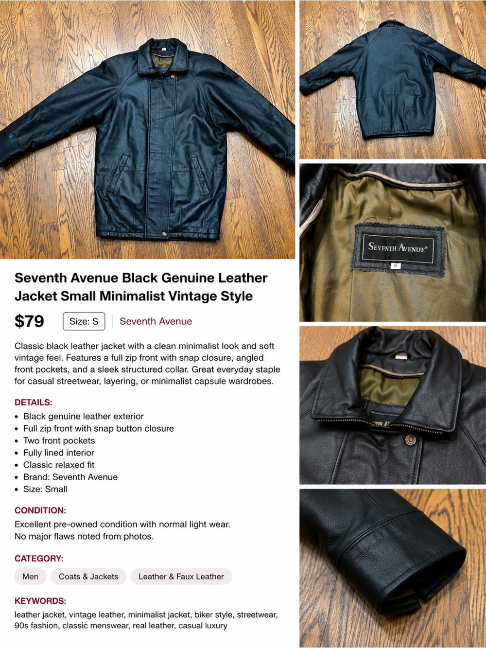 Seventh Avenue Black Leather Bomber Jacket - Men’s